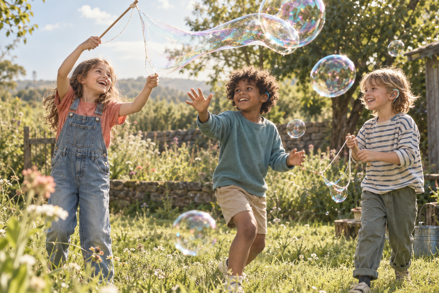 Three children in casual clothes playing with giant bubbles outdoors in a sunny garden.