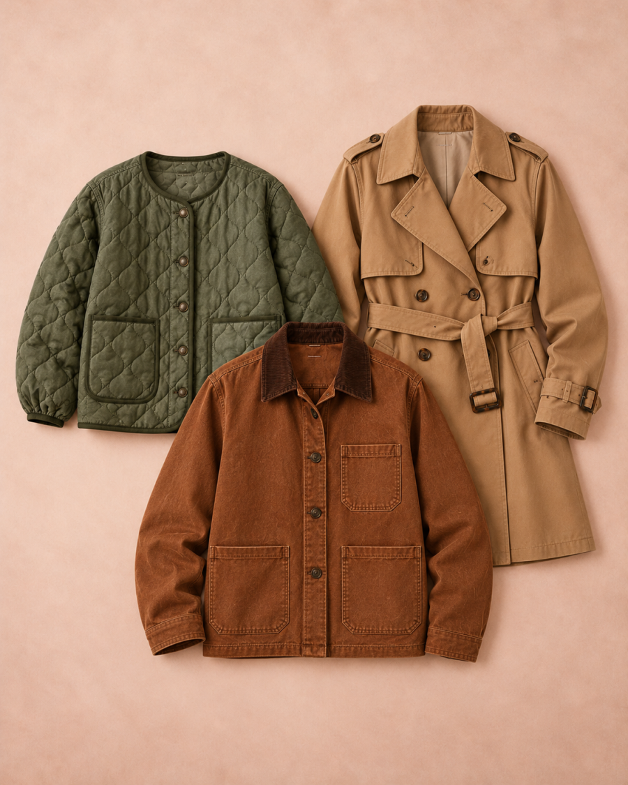 Weathering it Well: a collection of coats and jackets including a trench coat and quilted jacket