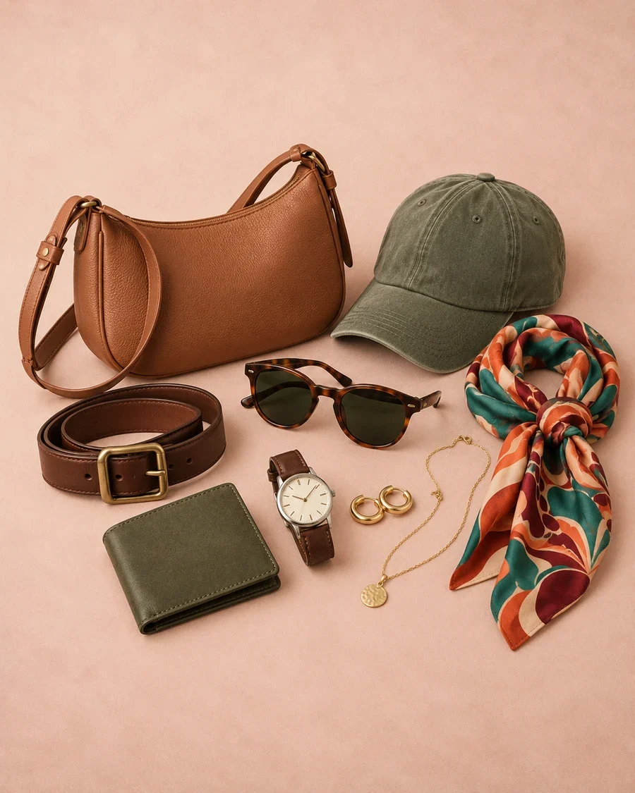 Final Flourishes: mixed accessories including handbag, cap, scarf, wallet and sunglasses